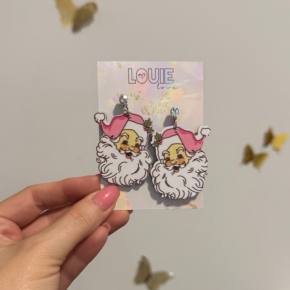 Pink Wood Print Santa Earrings - Picture 1 of 1